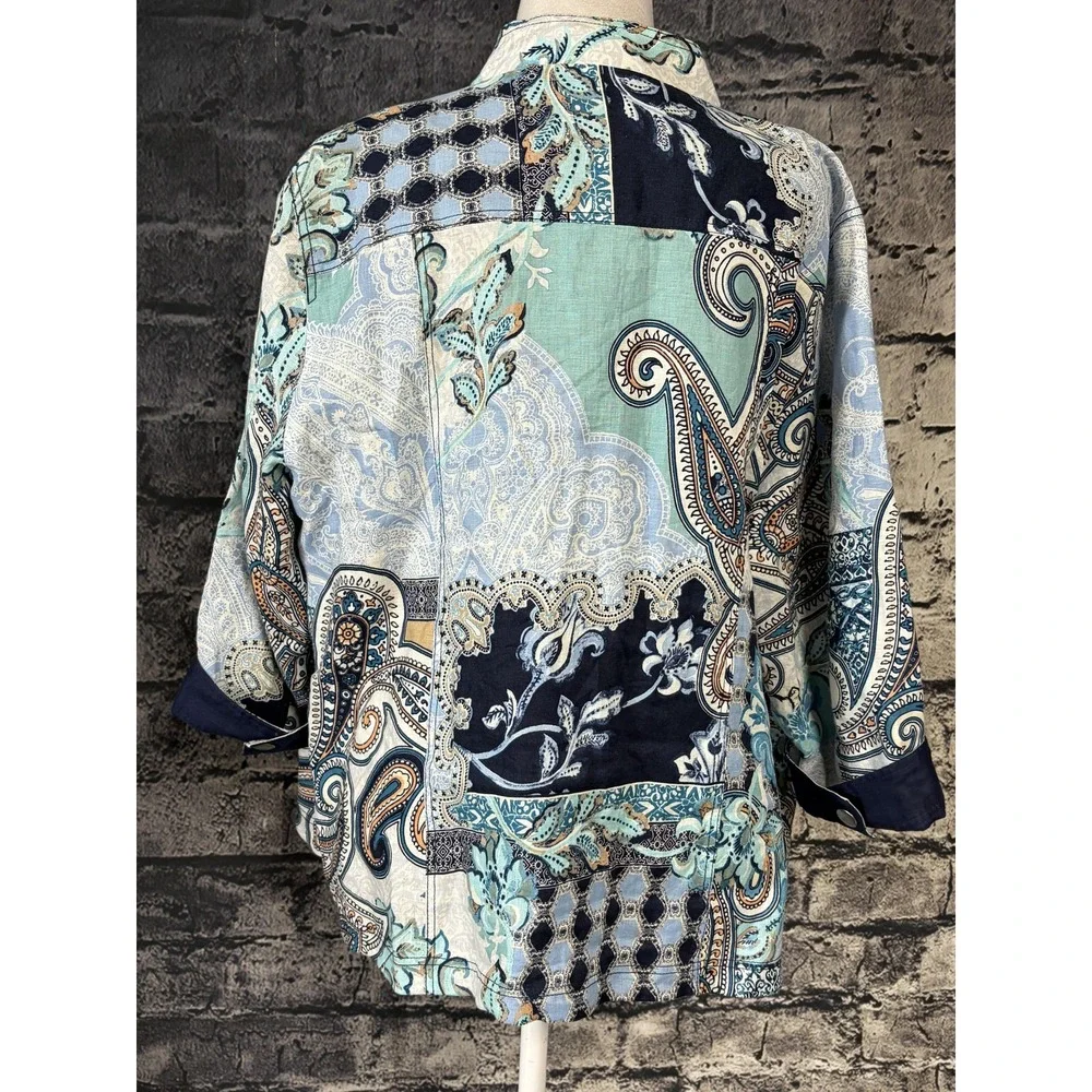 Chico's Jacket Womens 3 16/18 Reversible Linen Navy Paisley Patchwork Snap Front
